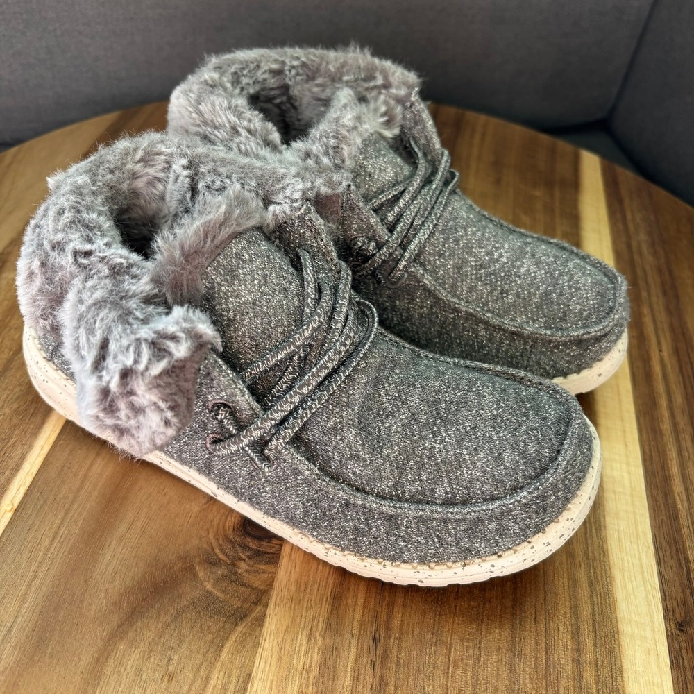 Hey Dude Britt Youth Grey Glitter Faux Fur Lined Ankle Boots